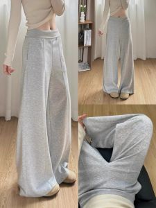 American Style Casual Light Grey Wide Leg Pants Womens Spring Autumn plus Size Loose Drapey Sporty Sweatpants
