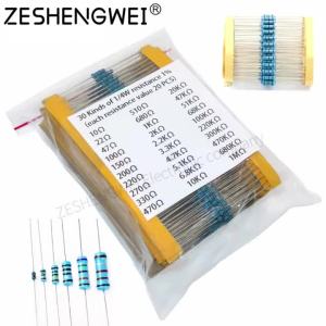 Bộ 600 Chiếc Điện Trở Màng Kim Loại Các Loại Công Suất 1/4W Độ Chính Xác 1% 30 Loại Bao Gồm Điện Trở 1K 10K 100K 220ohm 1M Ohm Cho Thiết Bị Điện Tử