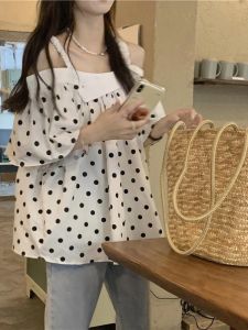 Sweet Color Block Polka Dot One Shoulder Shirt for Women Summer Trend Loose Fit Korean Style Commute Short Sleeve round Neck