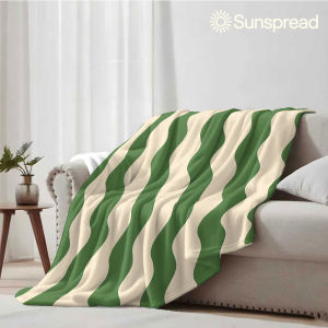 Beast Kingdom | Cream Green Wavy Stripe Soft Warm Flannel Blanket Lightweight Cozy Christmas Halloween Home Decor Room