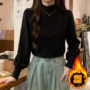 Retro Court Lantern Sleeve Loose Fit Long Sleeve Black Base Shirt Womens Autumn Winter New Style Korean Version Velvet T-Shirt