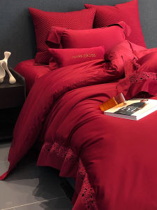 High-End Cotton Wedding Bedding Set Four-Piece Hollow out Design Long Staple Cotton Red Celebration Bedding Sheets Duvet Cover