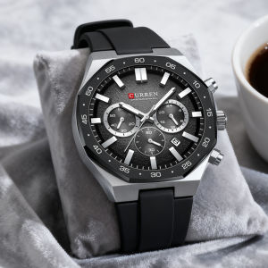 CURREN Mens Sports Chronograph Wristwatch with Black Silicone Band Auto Date Luminous Hands 82g Light Quartz Watch for Men