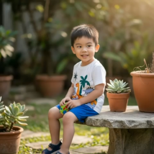 Cute Dinosaur Boys’ Top + Blue Shorts Set (Ages 2–7)