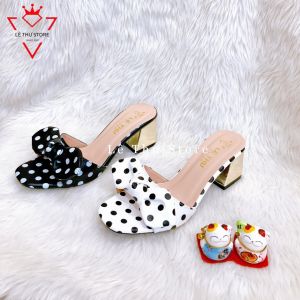 Guốc dép nữ 5 phân quai kết nơ chấm bi gót đồng LT (DGN003)