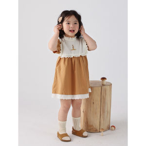 Princess Style Floral Print Cotton Blend Skirt for Girls Summer New Arrival Korean Style Short Sleeve Dress for Little Girls
