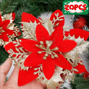 20/30pcs Glitter Poinsettia Flower Christmas Tree Ornaments / Red Gold Artificial Christmas Flower Hanging Pendant / Xmas Fake Flowers / for Xmas New Year Wedding Party Decors