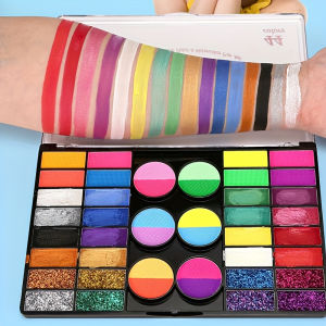 44-Colors Water-Based Face Paint Set with Glitter Makeup- Matte & Shimmer Face & Body Paint Palette Kit for FestivalsCosplaly