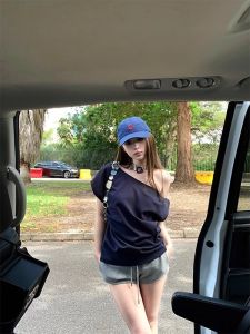 American Style Spicy Girl Solid Color Oblique Collar Short Sleeve T-Shirt Womens Design Summer Waist Cinching Shoulder Baring Versatile Top