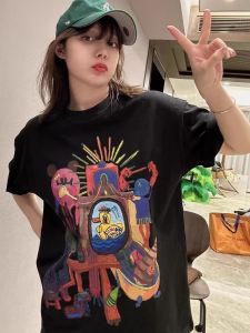 เสื้อยืดแขนสั้นผ้าฝ้ายแท้สไตล์อเมริกันย้อนยุคสำหรับผู้หญิงไซส์ใหญ่ ทรงหลวม ลำลอง สไตล์เกาหลี แขนสั้น คอกลม ลายการ์ตูน