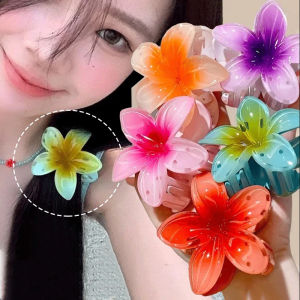 Sweet Frangipani Hair Claw Acrylic Plumeria Hairclips Women Girls Gradient Egg Flower Side Bangs Claw Pins Barrette Headwears Beach Holiday Hairpins