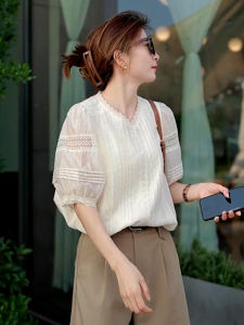 Lace Chiffon Short Sleeve Blouse with Puffed Sleeves