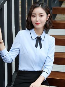 เสื้อเชิ้ตผู้หญิงสีขาวแขนยาวสไตล์ธุรกิจ เสื้อเชิ้ตคอตุ๊กตา ชุดทำงานโรงแรม เสื้อเชิ้ตผู้หญิงทรงสลิมฟิต ผ้าโพลีเอสเตอร์