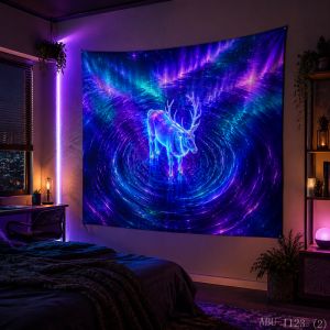 VIKAMA Neon Tím Xanh Đầu Tuần Lộc Xoắn Ốc Halo Bông Tuyết Đầy Sao Nghệ Thuật Nghệ Thuật Tấm Thảm Polyester Chống Thấm Nước Trang Trí Cho Phòng Ngủ Phòng Khách Ký Túc Xá