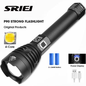 SRIEI Super Powerful Light XHP90 LED Flashlight 3 Modes Zoom Torchlight Waterproof Hunting Lamp Waterproof Rechargeable Tactical Light Searchlight 26650 Or 18650 Battery