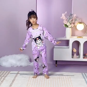 Cartoon Terno Pajama Set for Kids Girls Sleepwear Cute Summer Kuromi Nightwear Round-Neck Longsleeves Nightwear Sleepwear 3-15year Girl