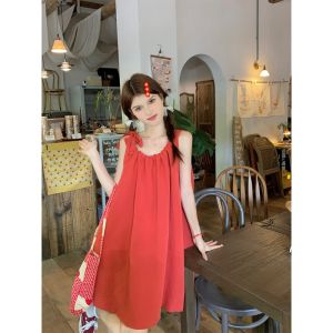 Đầm Dây Thắt Lưng Màu Đỏ Dopamine Có Thể Điều Chỉnh Cho Nữ Mùa Thu 2025 Đầm Chữ a Không Tay Cổ Tròn Dáng Chữ a Thoải Mái