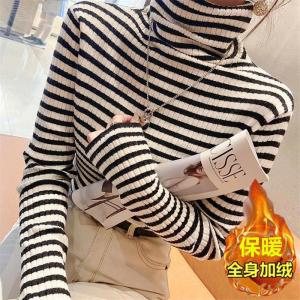 2023 New Arrival Stripes Bottoming Shirt for Women Fall and Winter Western Style Slim Fit Slim Looking Micro Velvet Lined Turtleneck Knitwear Heaps Collar Sweater