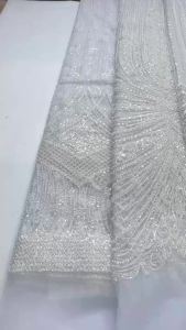 2026 New Style White African Heavy Beads Lace Fabric Embroidery French Mesh Tulle Lace For Wedding Evening Gown