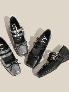 รองเท้าบัลเลต์ Mary Janes หนังแท้สไตล์ย้อนยุคสำหรับผู้หญิง Openyy รองเท้าบัลเลต์ทรงสี่เหลี่ยม รองเท้าส้นแบนแบบสวมสบาย