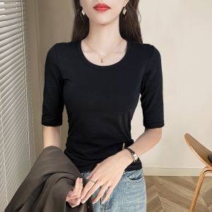 Womens Mid-Sleeve Base Shirt Pure Black T-Shirt Five-Sleeve Inner Wear Commute Style Korean Version Slim Fit Cotton Blend
