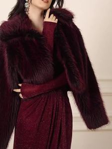 Wine Red Eco Fur Coat Thick Luxury Fashionable