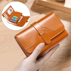 Korean Fashion Women Clutch Leather Wallet Female Long Clutches Zipper Purse Strap Moneybag Three fold retro oil wax Purses