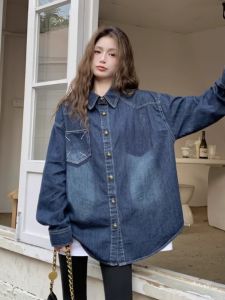 Retro Color Block Denim Shirt Womens Loose Fit Cotton Button up Long Sleeve Polo Neck Top for plus Size Fashion Autumn Winter