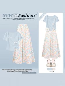 YINGKETUO | Flirty Korean Style Shoulder T-Shirt Floral A-Line Skirt Set
