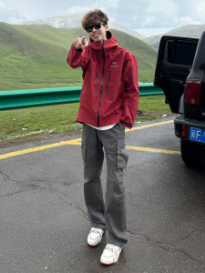 Grey Quick Dry Work Trousers Men Summer Thin Straight Leg Bell Bottoms Casual Pants Fashionable High Street Vibe Pocket Decor