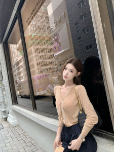 Knot Hem Light-Permeable V-Neck Short Knit Top