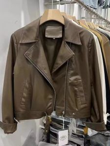 Retro PU Leather Jacket Womens Short Style Fashionable Versatile Slimming Motorcycle Jacket Top for Spring Season