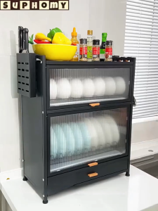 Multi-layer Kitchen Cabinet Tabletop Dish Drain Rack Household Dish rack with cover with drawer
