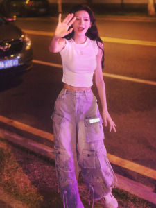 Washed Light Blue High Waist Straight Leg Jeans Womens Design Sense Hole Multi Pocket Workwear Trousers Casual Denim Pants