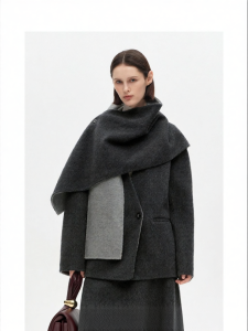 Wool Blend Double Face Winter Coat 100% Wool Scarf Collar Loose Fit