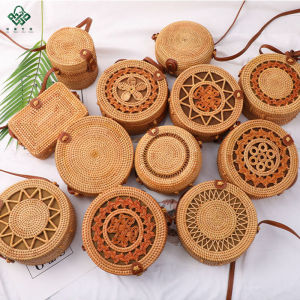 Retro Style Small round Bag Handmade Autumn Rattan Woven Small Square Bag round Hollow Bucket Bag Womens Shoulder Crossbody Small Fresh