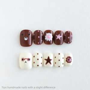 10pcs Handmade Brown White Cartoon Press on Nails Square Short Wearable Reusable Cute False Nails 2026