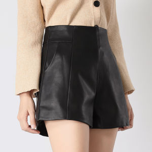 Black PU Leather Short Pants Womens High Waist Wide Leg A-Line plus Size Slimming Outerwear Fashionable Korean Style Commute