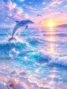 HUACAN Diamond Mosaic Dolphin Animal On The Basement Painting Sea Sunset Full Drill Picture Rhinestones Home Decor