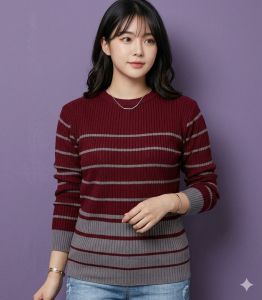 Blouse rajut salur kombi terbaru pakaian wanita dengan garis horizontal merah marun dan abu-abu cocok untuk aktivitas sehari-hari.