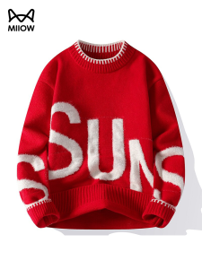 Red round Neck Knitted Sweater for Men Casual Style Snake Year Letter Print Loose Fit Spring Season Youth Fashion Catman MiiOW