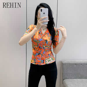 REHIN Womens top Summer new fashion printed V-neck pleated mesh hot drill mid-sleeve T-shirt floral short sleeve blouse