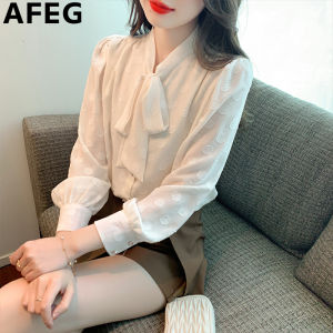AFEG solid color Korean version bow fashion loose temperament chiffon jacquard lantern sleeve blouse
