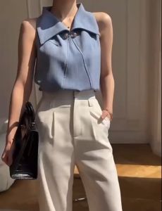 เสื้อแขนกุดผ้าเดนิมสำหรับผู้หญิง คอปกสุดชิค สไตล์มินิมอล ใส่ทำงานก็ได้ ใส่เที่ยวก็น่ารัก