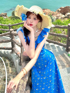 HUAYILING | ชุดเดรสพิมพ์ลายดอกไม้สีฟ้า พริ้ว สไตล์วันหยุดฤดูร้อน