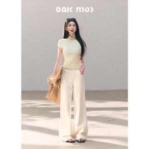 OAKMOO | Quần Jeans Đùi Thẳng Phong Cách Bohemian Lắp Ráp Ren Bất Quy Tắc Đã Xử Lý