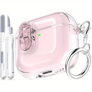 (With Safety Lock) Compatible with AirPods 4 Case with Cleaner Kit Clear Soft TPU Transparent for AirPods 4 Generation Case Auto Pop-Up Lid and Lock Design for AirPods 4 Gen(2024) with Lanyard-White