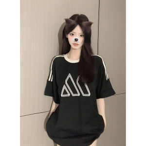 Summer New Loose Cotton Short Sleeve T-shirt Womens Casual Style Pure Cotton Top Heavyweight High Street Three Bars Color Block