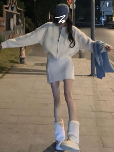 Korean Style Knitted Dress Womens Early Autumn 2025 High Waist A-Line Skirt Set Casual Pure Color V-Neck Long Sleeve Suit