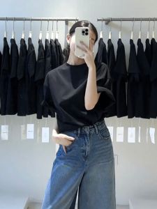 SUSHOUWANGE | Áo Thun Nữ Cotton Đen Cổ Tròn Tay Ngắn Thiết Kế Mùa Hè Thời Trang thoải mái